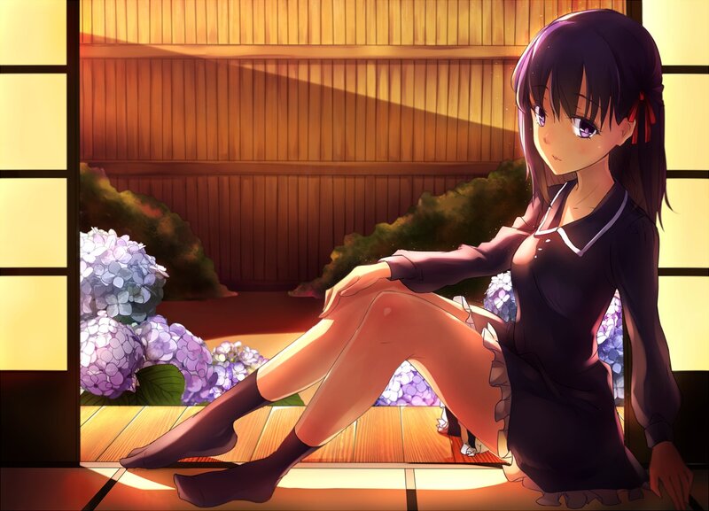 Anime Girl Sitting on Floor — Purple, Serene, Afternoon