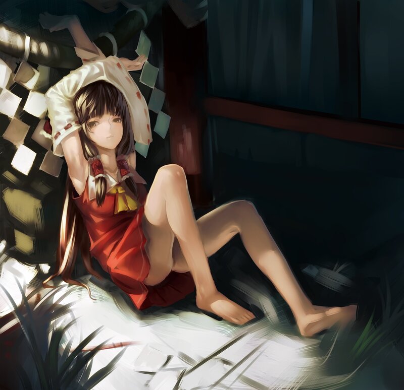 Anime Girl Sitting on Floor — Red, Calm, Night, Digital Art