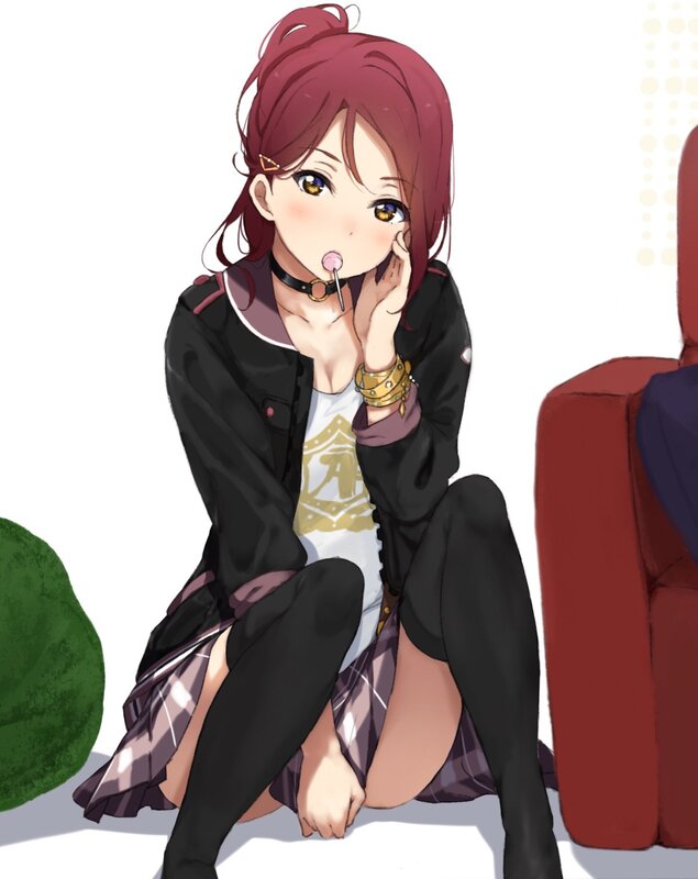 Anime Girl Sitting on Floor — Red, Playful, Lollipop