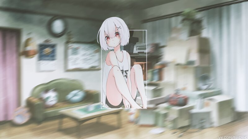Anime Girl Sitting on Floor — White, Calm, Living Room