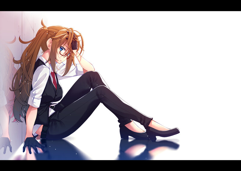 Anime Girl Sitting on Floor — White, Dramatic
