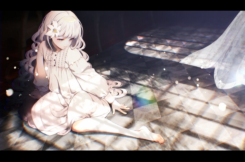 Anime Girl Sitting on Floor — White, Serene