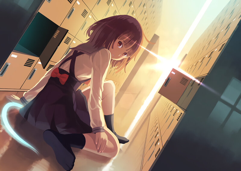 Anime Girl Sitting on Floor — Yellow, Dramatic, Sunset