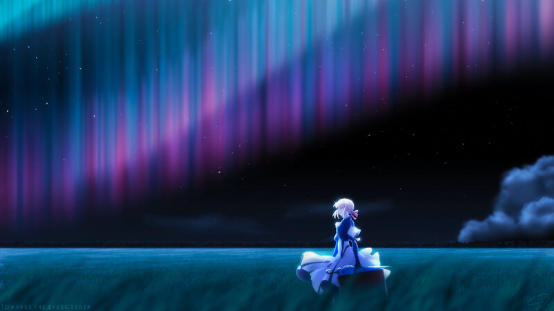 Anime Girl Sitting on Grass — Blue, Serene, Night, Digital Art