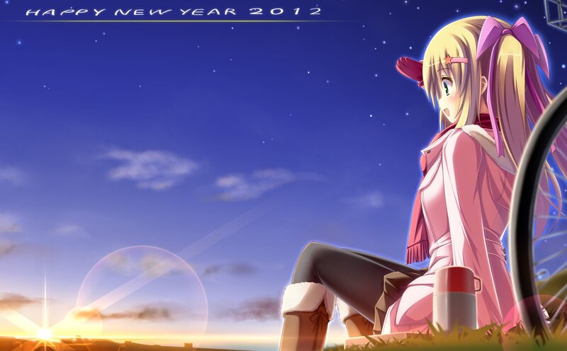 Anime Girl Sitting on Grass — Blue, Serene