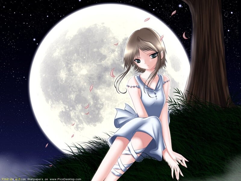 Anime Girl Sitting on Grass — Blue