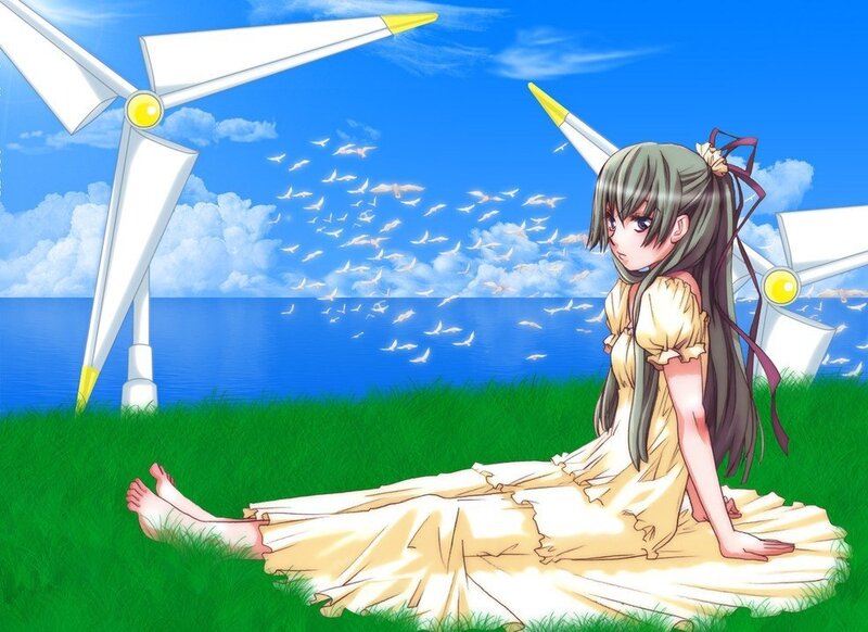 Anime Girl Sitting on Grass — Green
