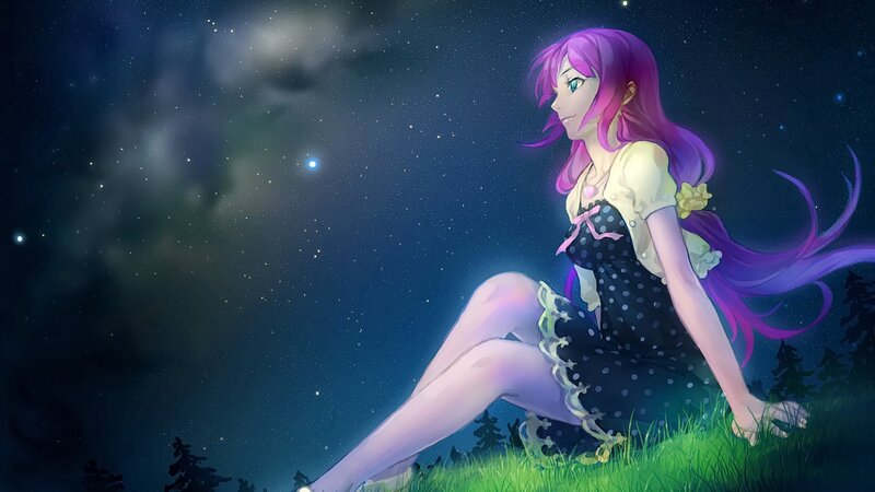 Anime Girl Sitting on Grass — Purple, Serene, Night, Digital Art