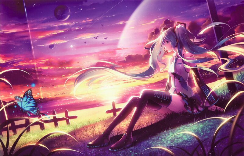 Anime Girl Sitting on Grass — Purple
