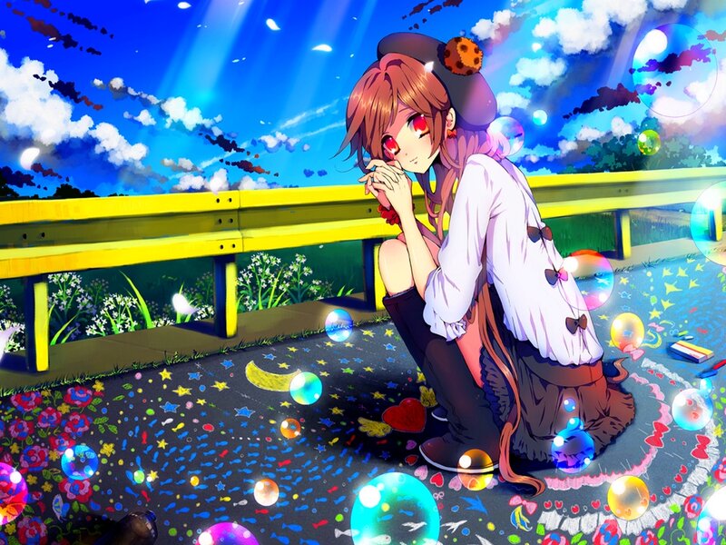 Anime Girl Sitting on Ground — Blue, Dreamy