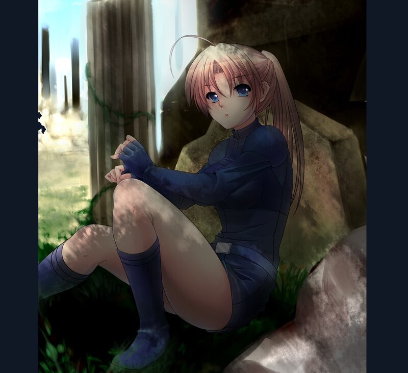 Anime Girl Sitting on Ground — Blue