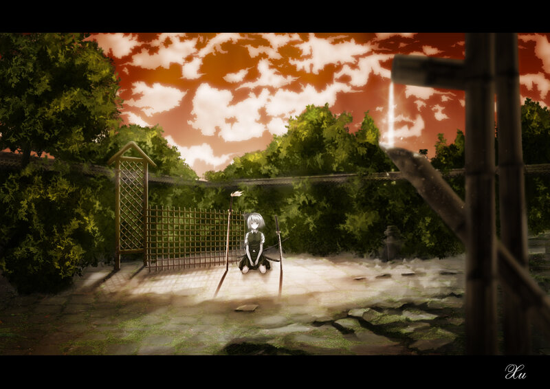 Anime Girl Sitting on Ground — Green