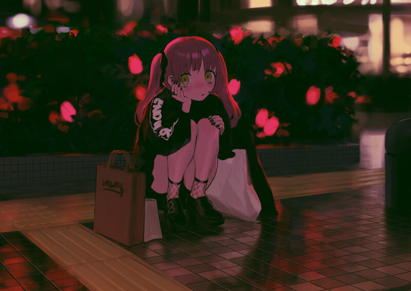 Anime Girl Sitting on Ground — Pink, Melancholic, Night
