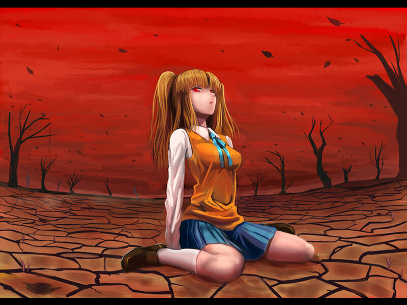 Anime Girl Sitting on Ground — Red