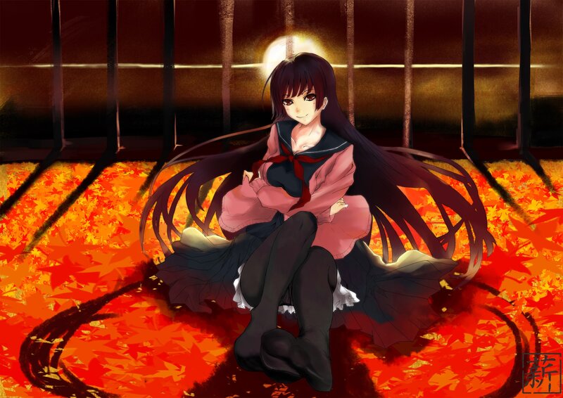 Anime Girl Sitting on Leaves — Red, Dramatic, Autumn, Digital Art
