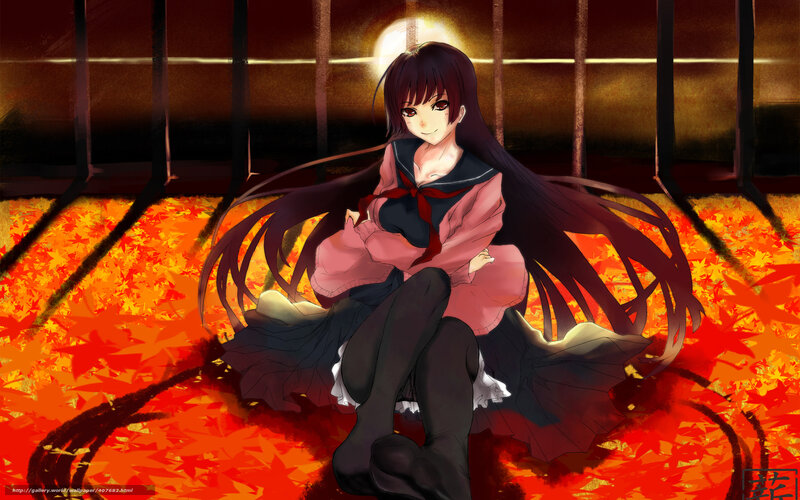 Anime Girl Sitting on Leaves — Red, Dramatic