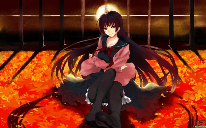 Anime Girl Sitting on Leaves — Red