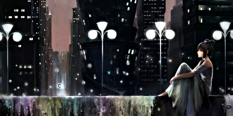 Anime Girl Sitting on Ledge — Black, Melancholic