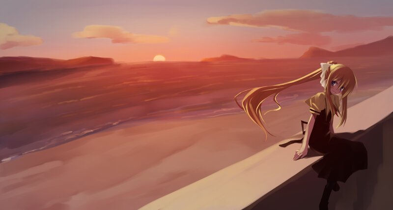 Anime Girl Sitting on Ledge — Orange