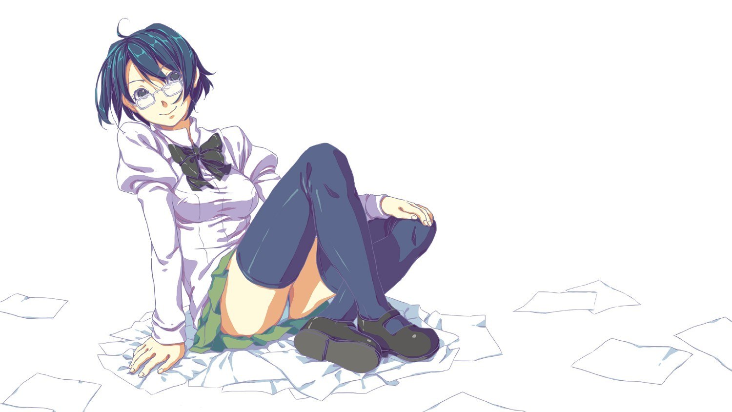 anime girl sitting on papers