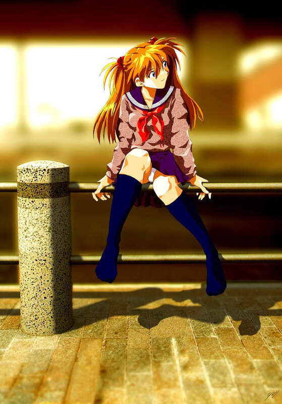 anime girl sitting on railing