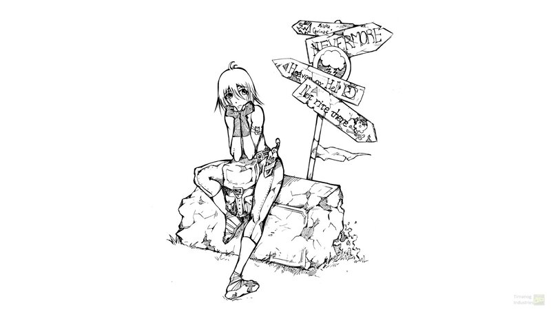 Anime Girl Sitting on Rock — Black, Contemplative