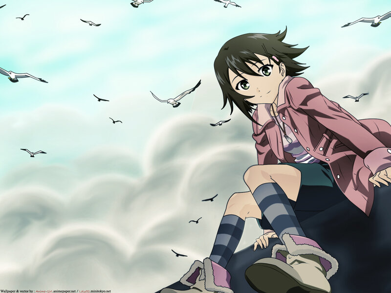 Anime Girl Sitting on Rock — Blue, Serene, Afternoon, Seagulls