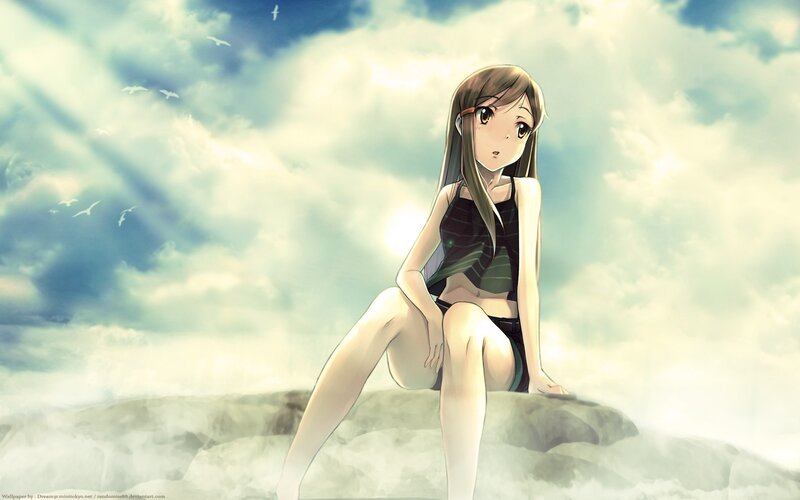 Anime Girl Sitting on Rock — Blue, Serene, Afternoon