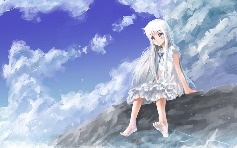 Anime Girl Sitting on Rock — Blue, Serene, Digital Art