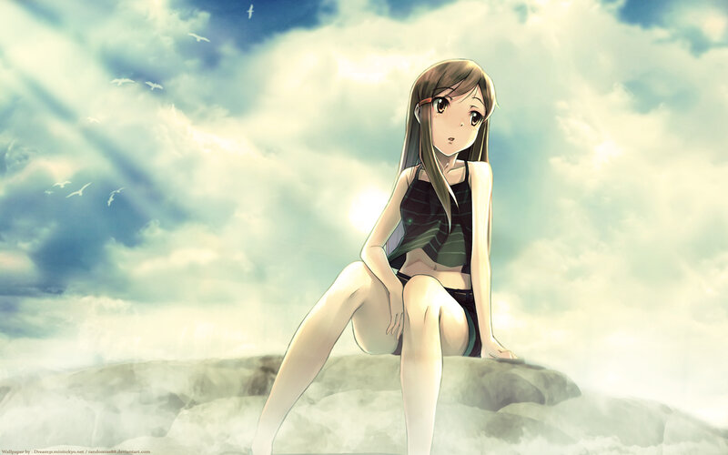 Anime Girl Sitting on Rock — Blue