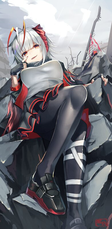 Anime Girl Sitting on Rocks — Gray