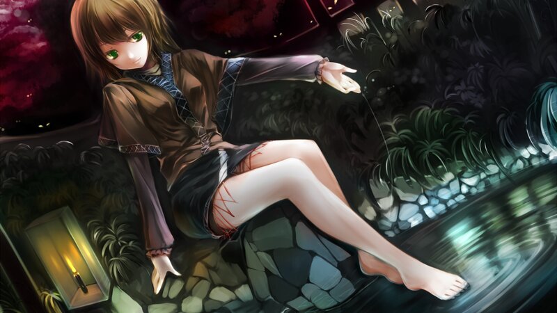 Anime Girl Sitting on Rocks — Green