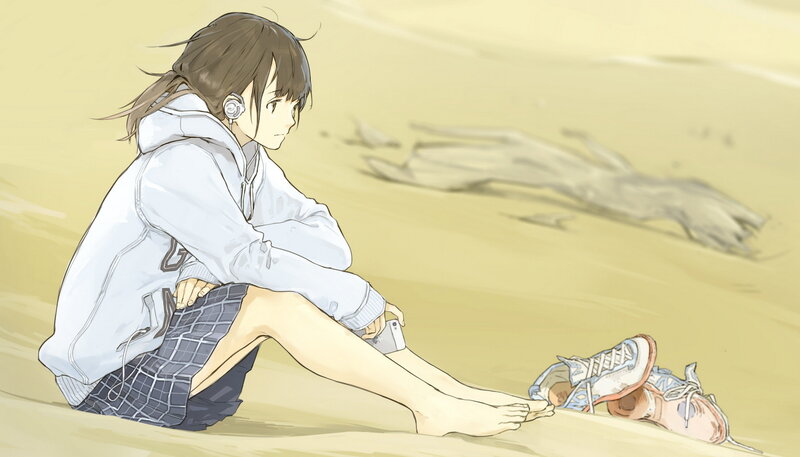 Anime Girl Sitting on Sand — Yellow