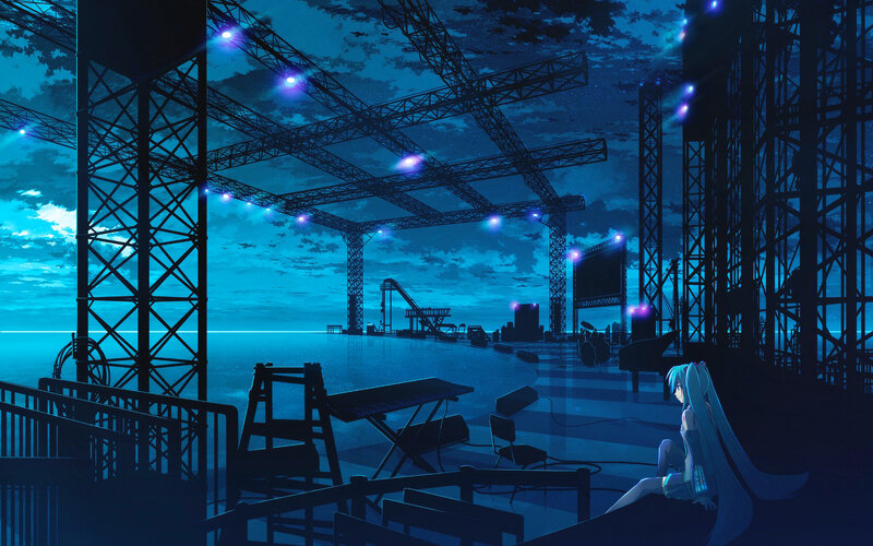 Anime Girl Sitting on Stage — Blue
