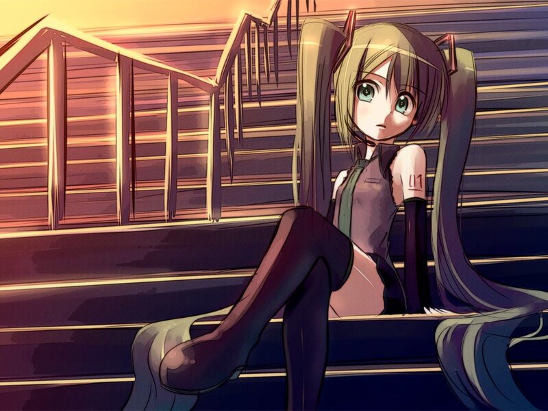 Anime girl sitting on stairs