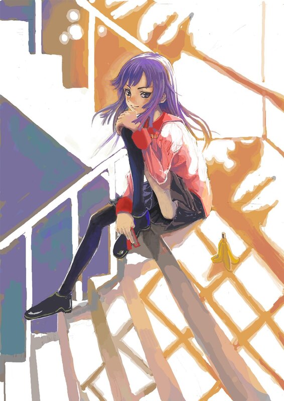 anime girl sitting on stairs