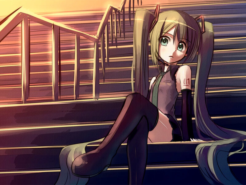 anime girl sitting on stairs