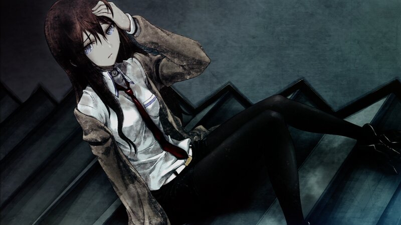 Anime Girl Sitting on Stairs — Black, Dramatic