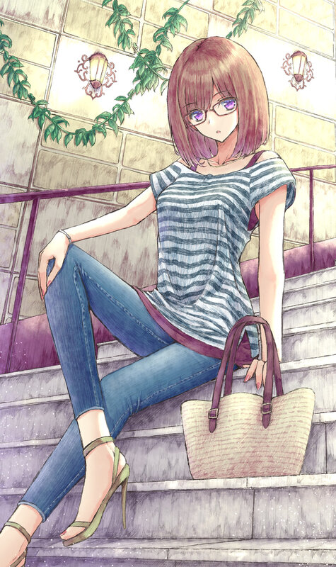 Anime Girl Sitting on Stairs — Blue, Calm, Afternoon