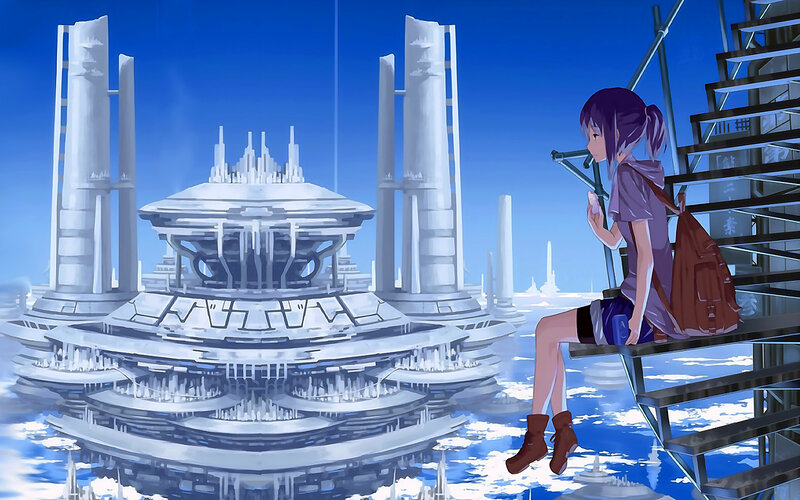 Anime Girl Sitting on Stairs — Blue