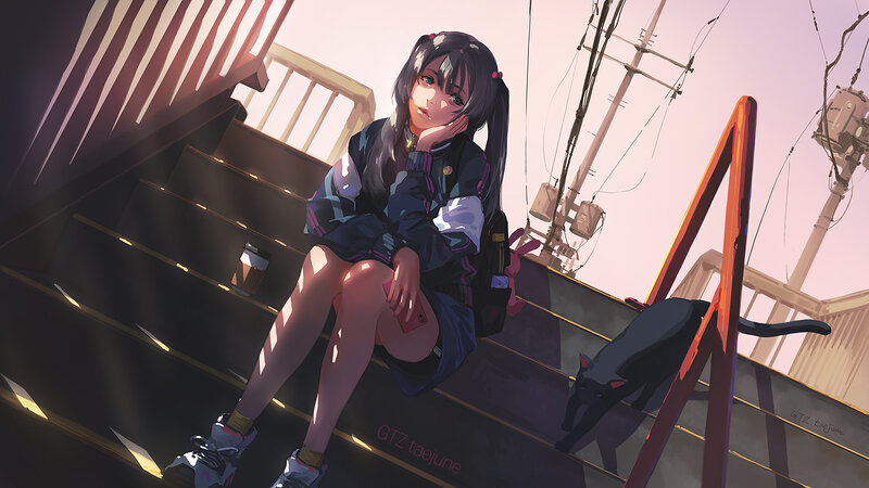 Anime Girl Sitting on Stairs — Purple, Calm, Sunset