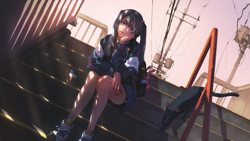 Anime Girl Sitting on Stairs — Purple, Calm