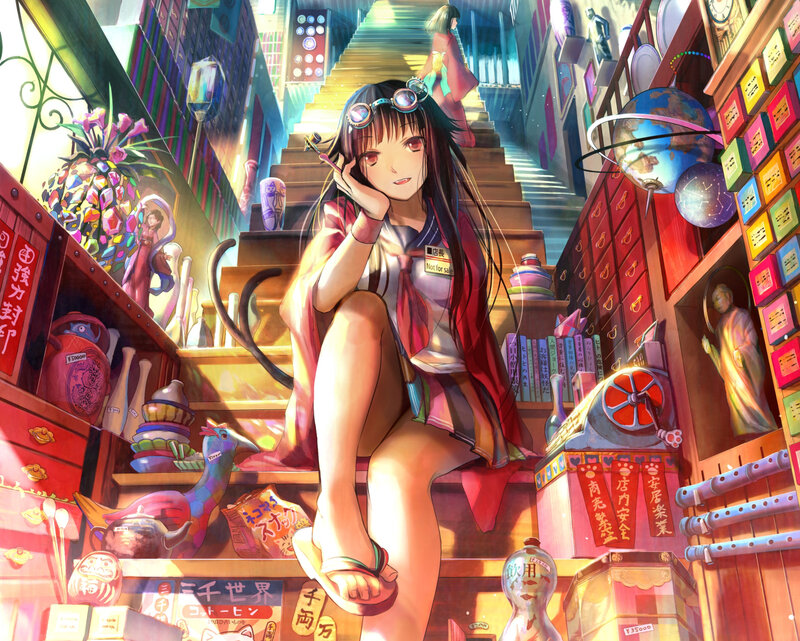 Anime Girl Sitting on Stairs — Red