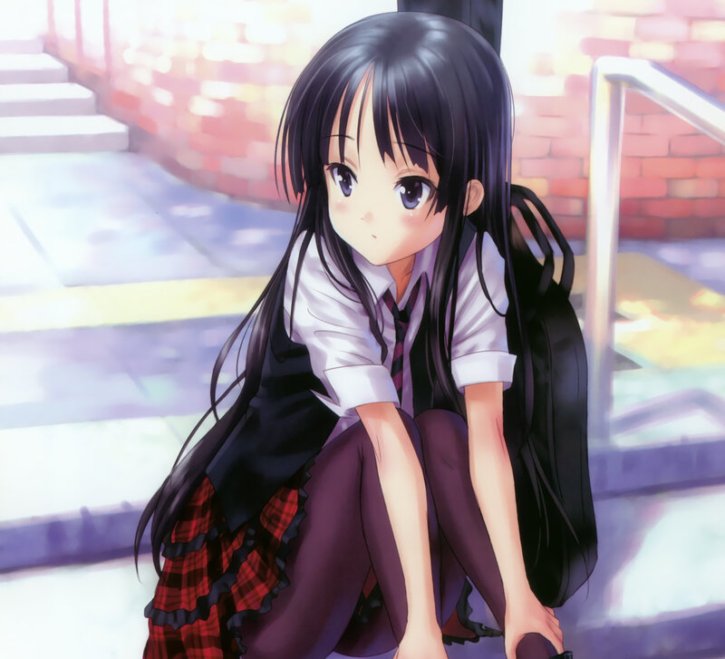 Anime Girl Sitting on Steps — Black, Calm