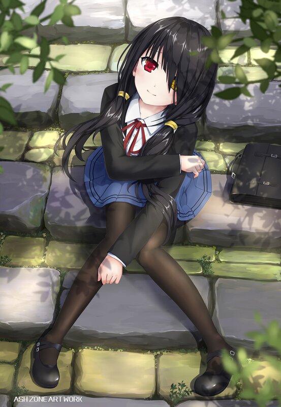 Anime Girl Sitting on Steps — Black