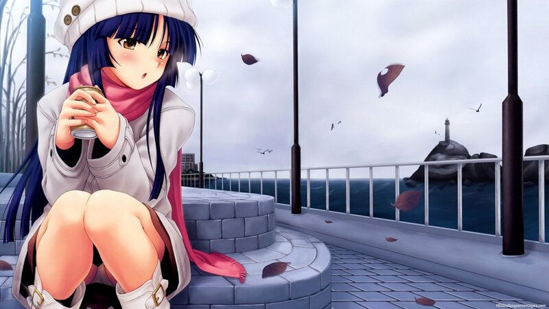 Anime Girl Sitting on Steps — Blue, Calm, Autumn, Ocean, Lighthouse