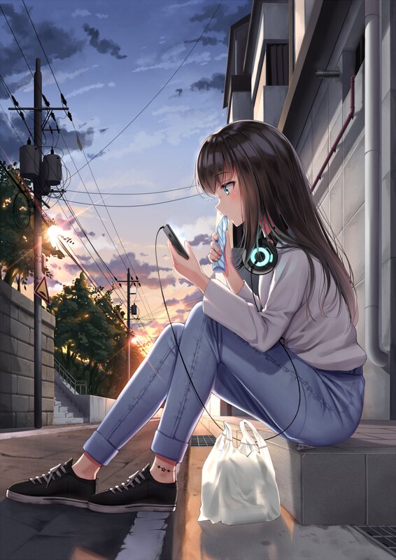 Anime Girl Sitting on Steps — Blue, Calm, Sunset