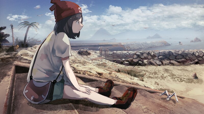 Anime Girl Sitting on Steps — Blue, Serene, Afternoon, Digital Art