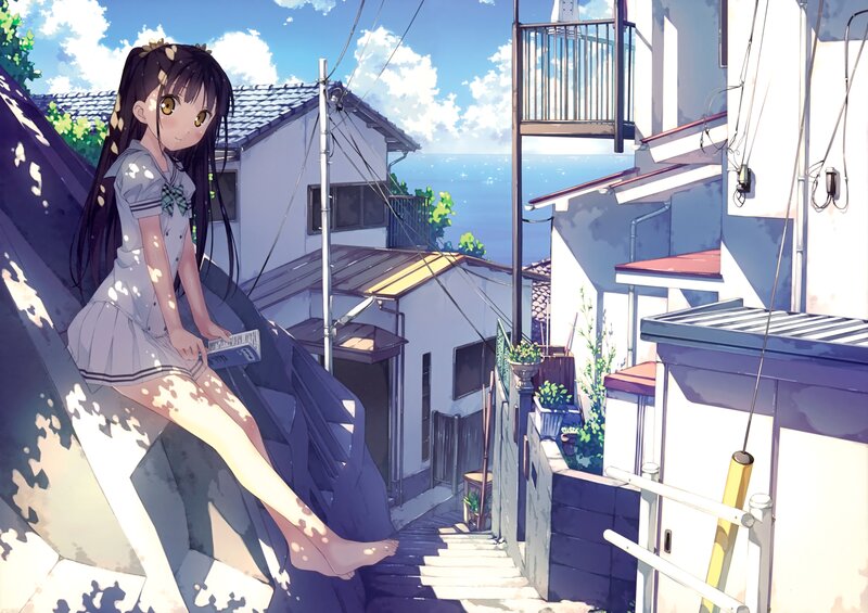Anime Girl Sitting on Steps — Blue, Serene