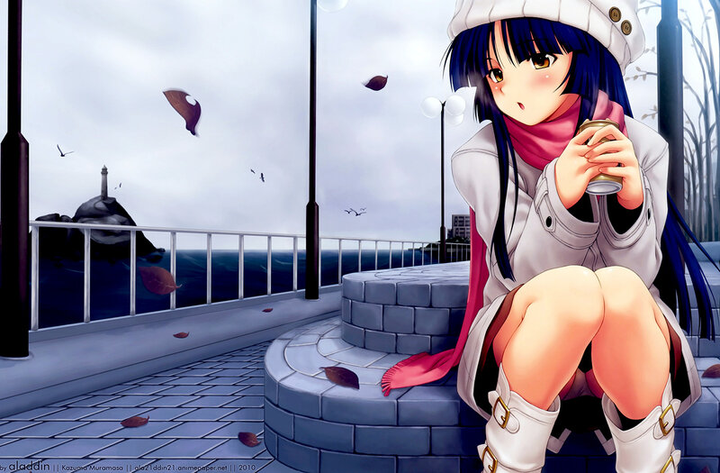 Anime Girl Sitting on Steps — Blue